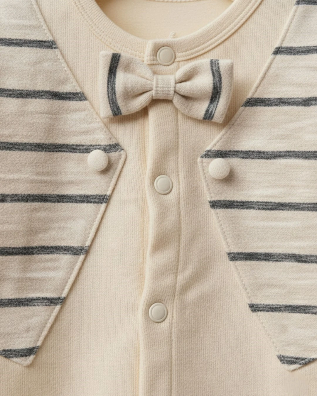 Erkek Bebek Smokin Detaylı Çizgili Krem Renk Premium Hastane Çıkışı Zıbın Seti  HC49