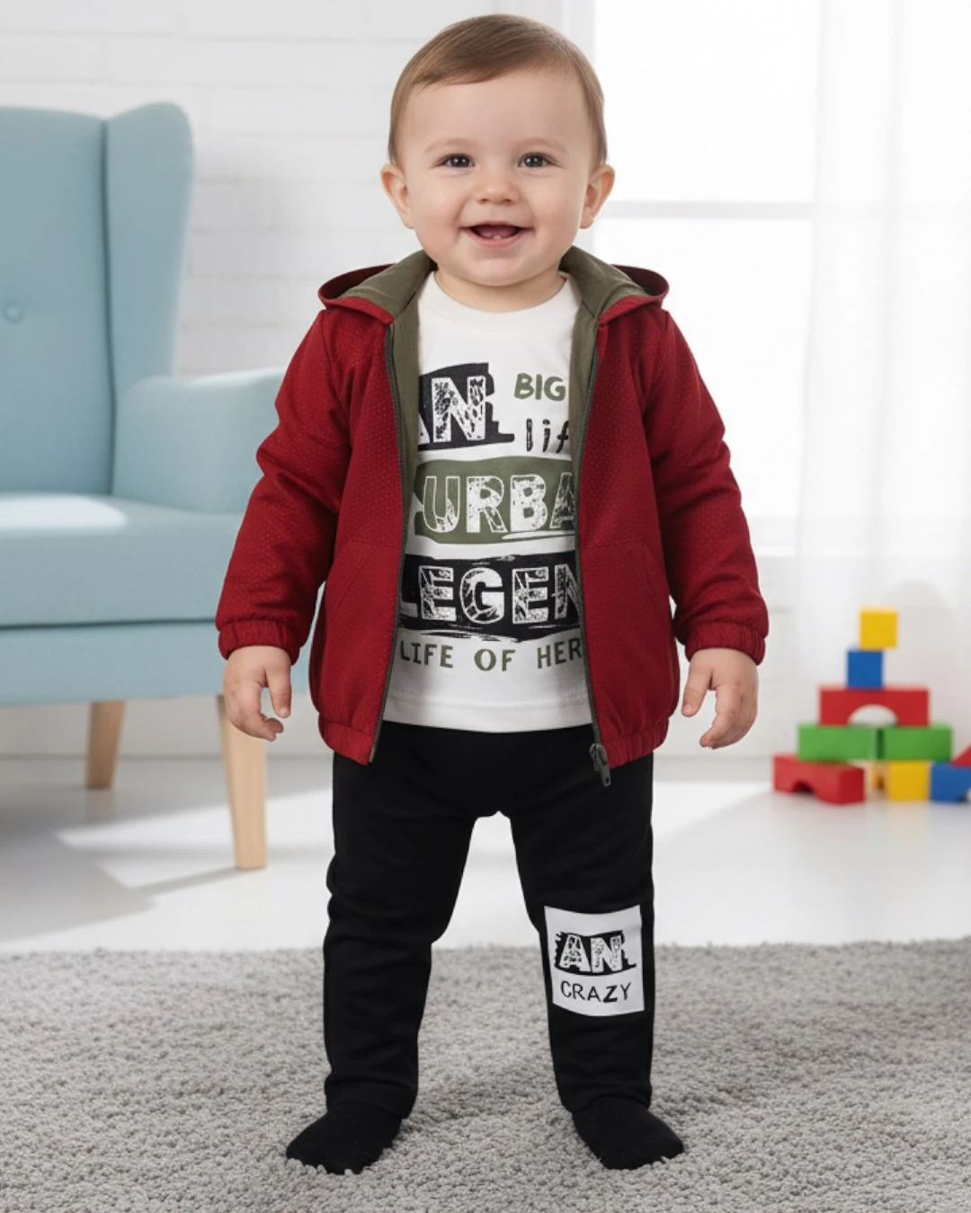 Erkek Bebek Yağmurluklu Kapüşonlu, 3 Parça Mevsimlik Alt Üst Takım l 3-6-9-12-18 Ay R2234 - BORDO