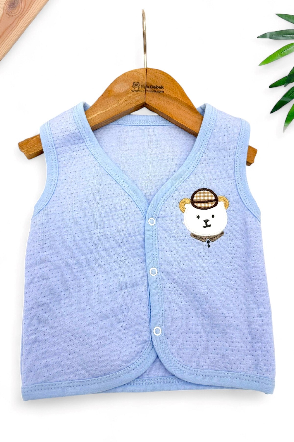 ERKEK BEBEK KAPİTONU KUMAŞ AYI NAKIŞLI 3-6-9-12-18 AY YELEK R1501 - MAVİ
