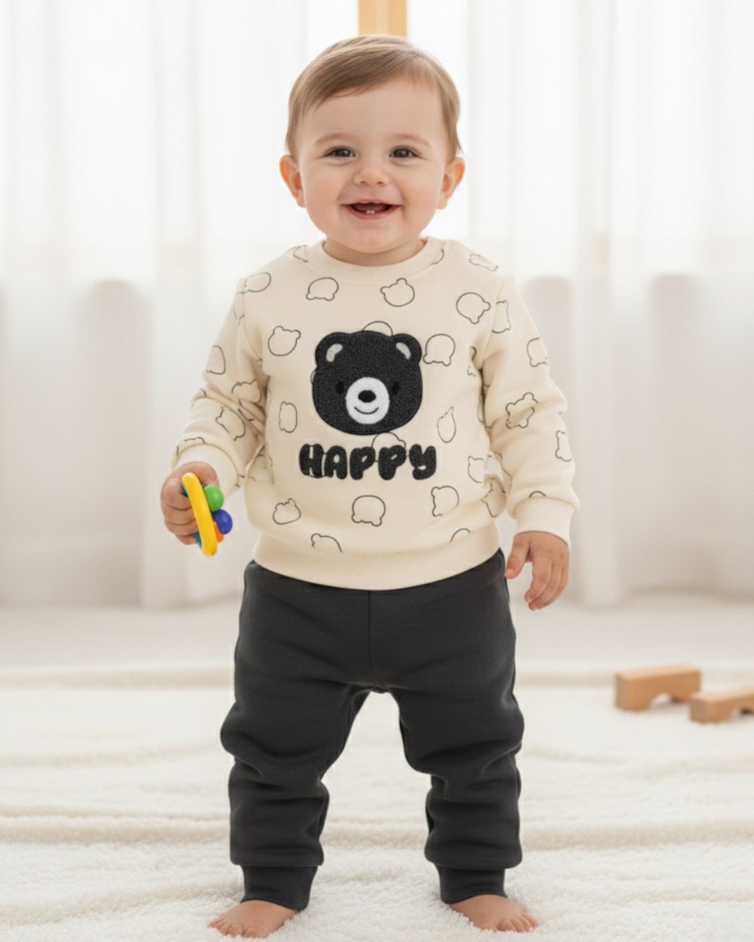 Erkek Bebek Kışlık 3 İp Şardonlu, Ayıcık Nakışlı Baskılı Şık Alt Üst Takım, 6-9-12-18-24 Ay / R2334 - FÜME