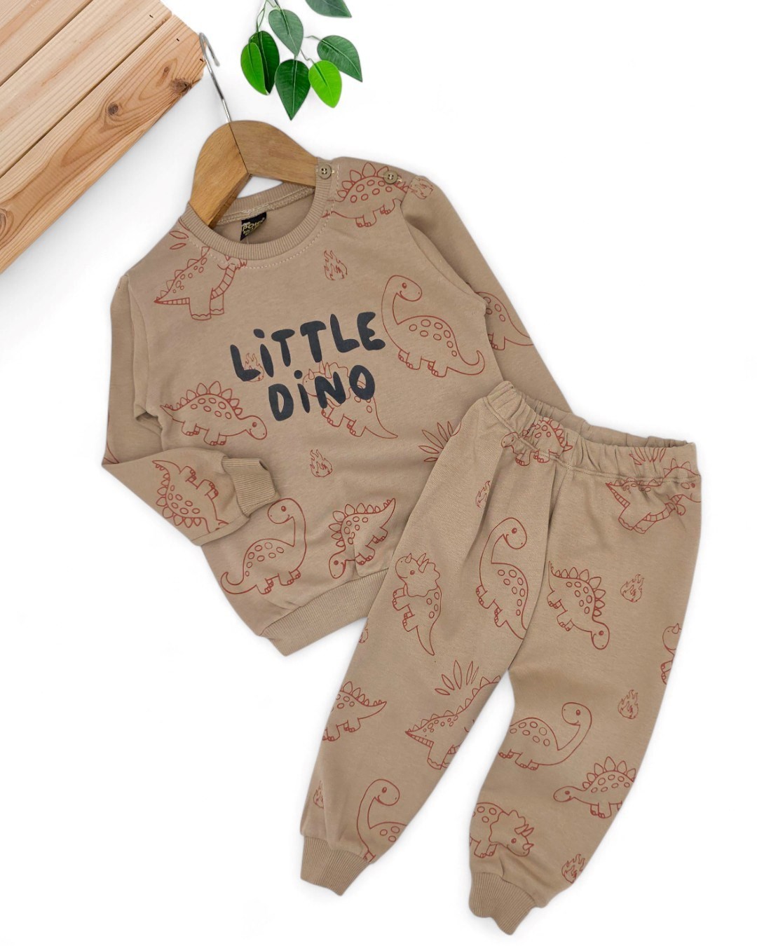 Erkek Bebek Little Dino Baskılı 6-9-12-18-24 Ay Mevsimlik, Uzun Kollu 2 İplik Bebek Takımı R2139 - KAHVERENGİ