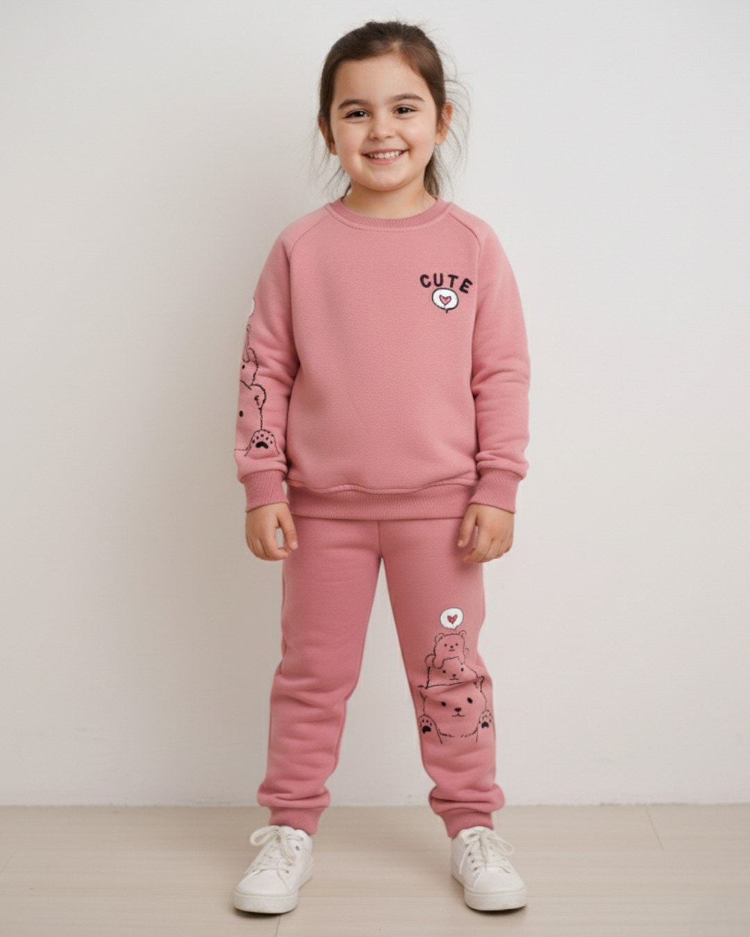 Kız Çocuk Kışlık 3 İp Şardonlu 2-3-4-5-6 Yaş Kol ve Bacak Baskılı  Alt Üst Eşofman Takımı R2286 - PEMBE