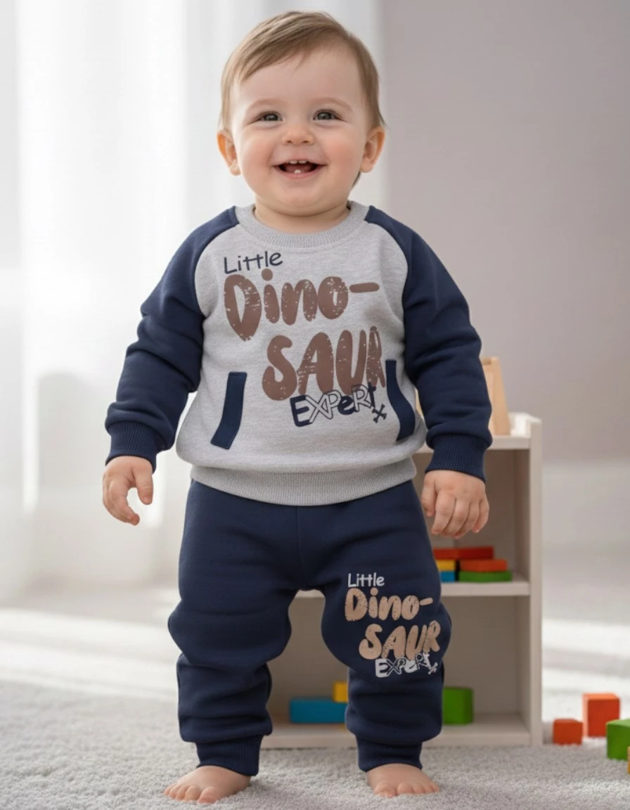 Erkek Bebek Dinozor Baskılı Kışlık 3 İp Şardonlu Alt Üst Eşofman Takımı, Kışlık Bebek Takımı R2390 - GRİ