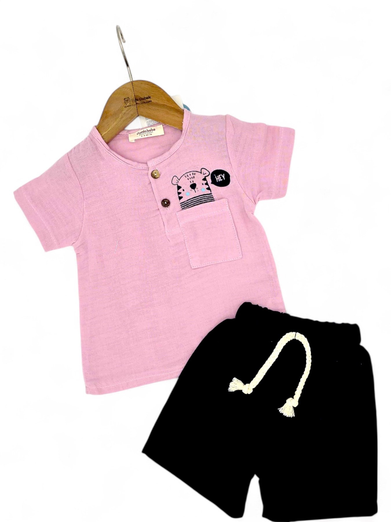 KIZ BEBEK  CEP DETAYLI 6-9-12-18-24 AY MÜSLİN TAKIM OT78 - PEMBE