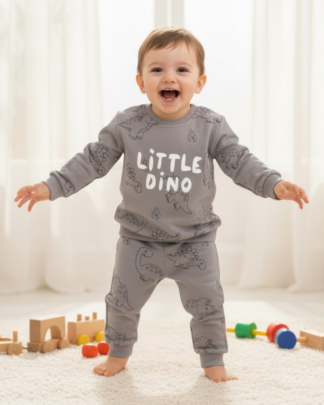 Erkek Bebek Little Dino Baskılı 6-9-12-18-24 Ay Mevsimlik, Uzun Kollu 2 İplik Bebek Takımı R2139 - GRİ