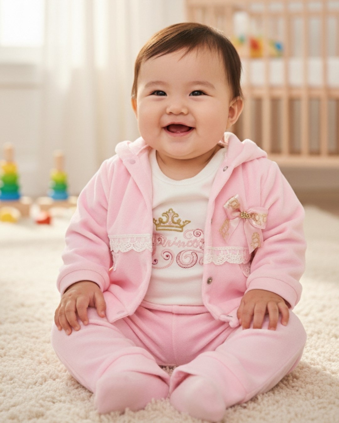 3-12 Ay Kız  Bebek Kışlık Kadife 3'lü Takım - Kapüşonlu Hırka, Çıtçıtlı Body ve Pantolonlu  R2212 - PEMBE