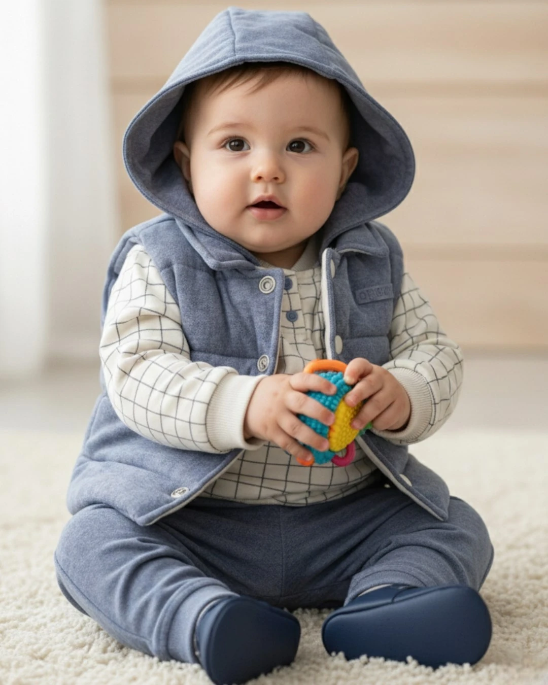 Erkek Bebek 3'lü Kapüşonlu Yelekli Şık Bebek Kombini, 1-2-3-4 Yaş 3'lü Bebek Alt Üst Takımı R2351