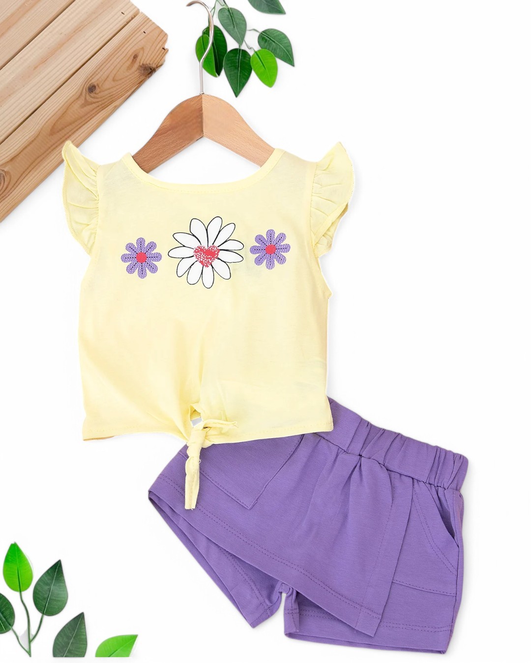 KIZ BEBEK YAZLIK ÇİÇEK BASKILI ŞORT ETEKLİ 6-9-12-18-24 AY BEBEK TAKIMI R1701 - SARI