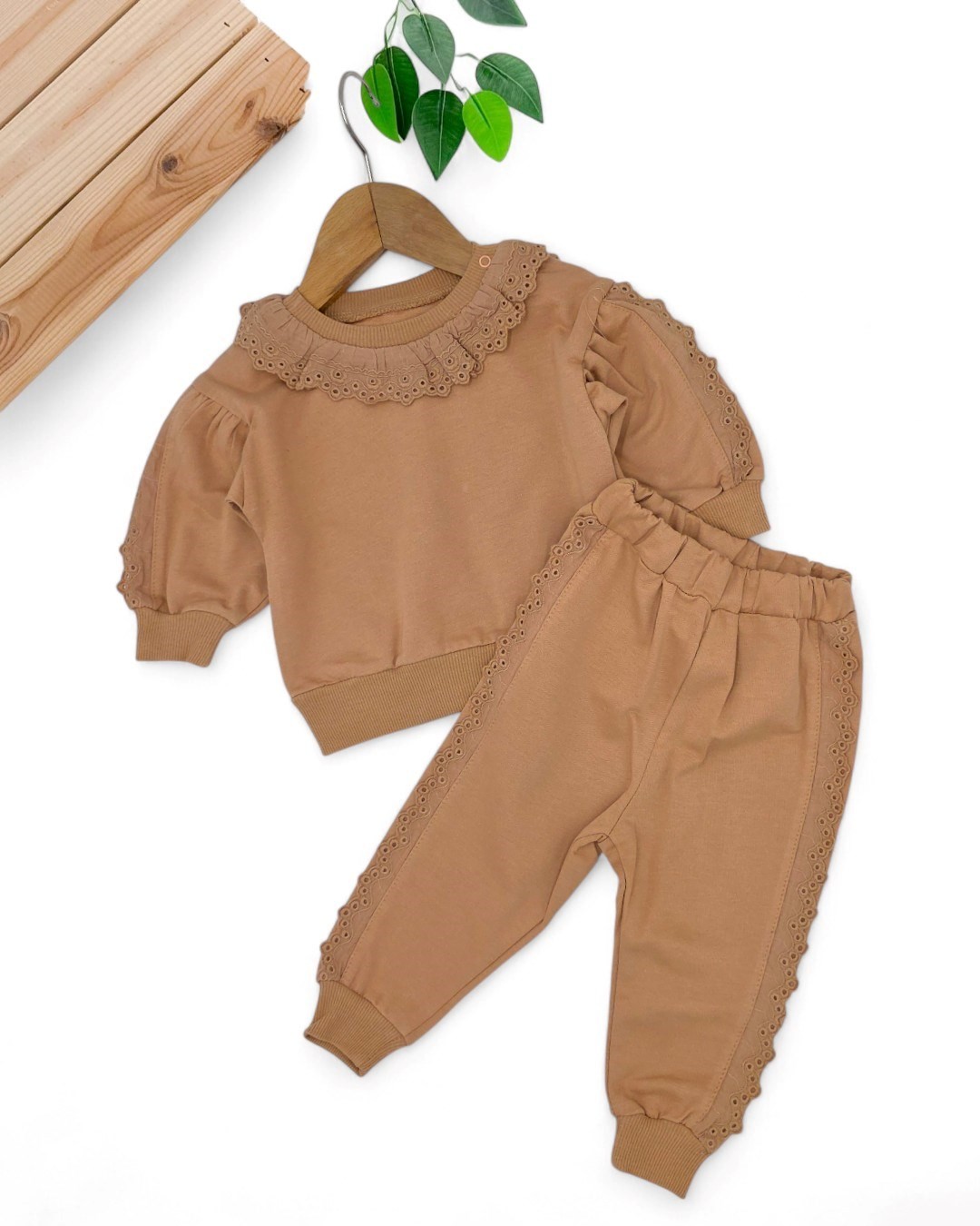 Kız Bebek Komple Fırfırlı Karpuz Kol 6-9-12-18-24 Ay Mevsimlik Takım R2105 - AÇIK KAHVERENGİ