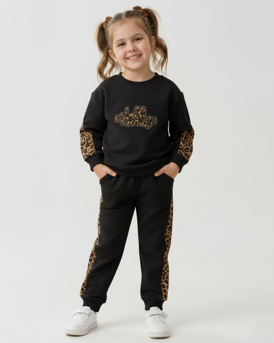 Kız Çocuk Boydan  Leopar Ve Dantel Detaylı 2 İplik Mevsimlik Compact Geniş Paçalı Şık Eşofman Takımı  R2192 - SİYAH