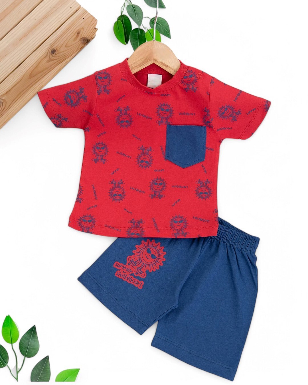 ERKEK BEBEK YAZLIK BASKILI CEP DETAYLI 6-9-12-18-24 AY ŞORTLU BEBEK TAKIMI R1691 - KIRMIZI