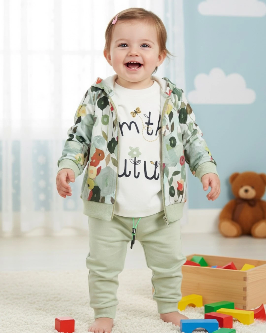 Kız Bebek Yağmurluklu Kapüşonlu, 3 Parça Mevsimlik Alt Üst Takım l 3-6-9-12-18 Ay R2227 - YEŞİL