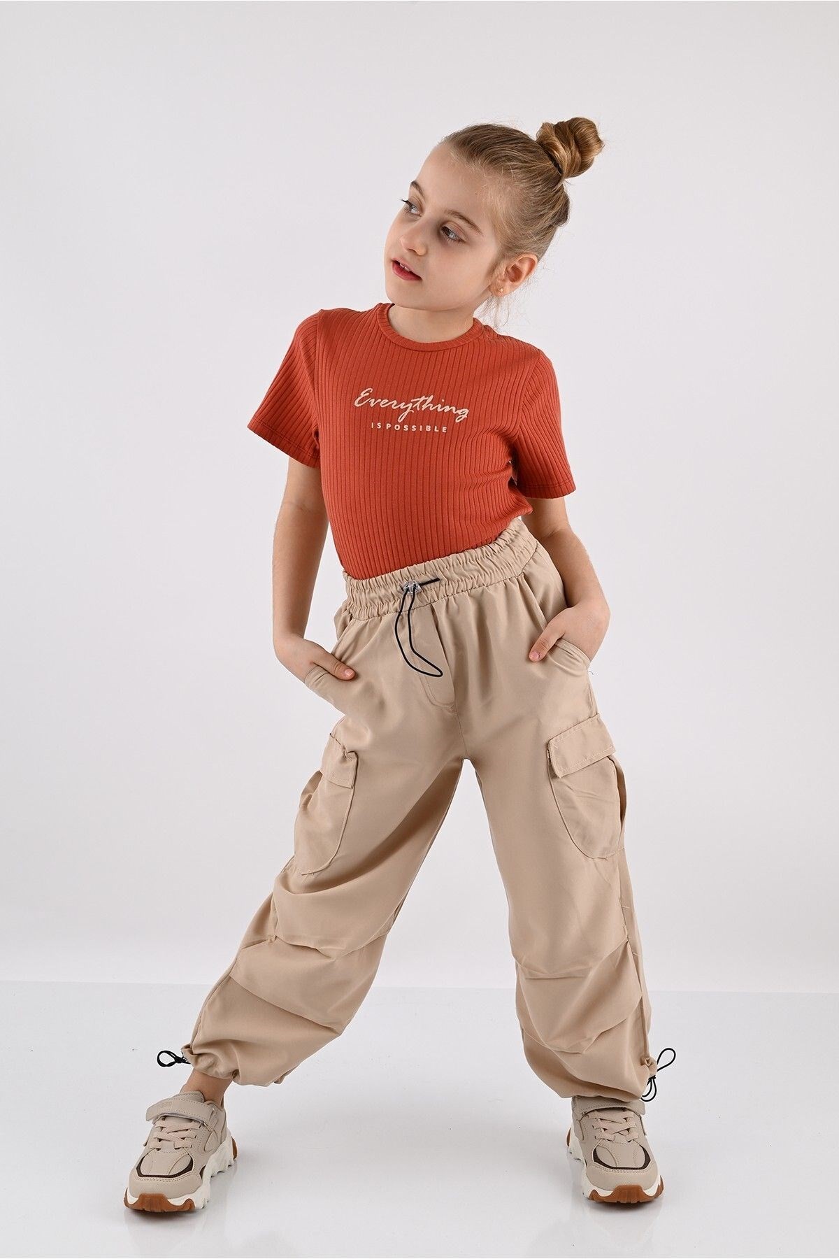 KIZ ÇOCUK SOFT PANTALONLU YAZLIK KISA KOLLU T-SHİRT PANTALON SETİ  5-12 YAŞ (DAR KALIP) R778 - KİREMİT-BEJ