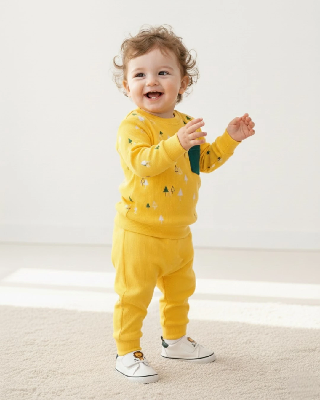 Fitilli Ağaç Baskılı Unisex 6-9-12-18-24 Ay Kaşkorse Mevsimlik Kumaş Alt Üst Bebek Takımı R2375