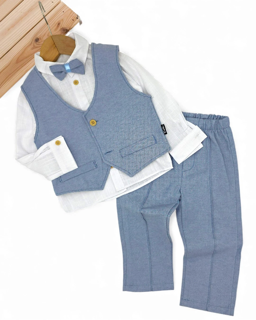 Erkek Bebek Papyonlu Cepken Yelekli Mevimlik 4'lü Şık Kombin, Düğün, Bayram Takımı 6-9-12-18-24 Ay R2385