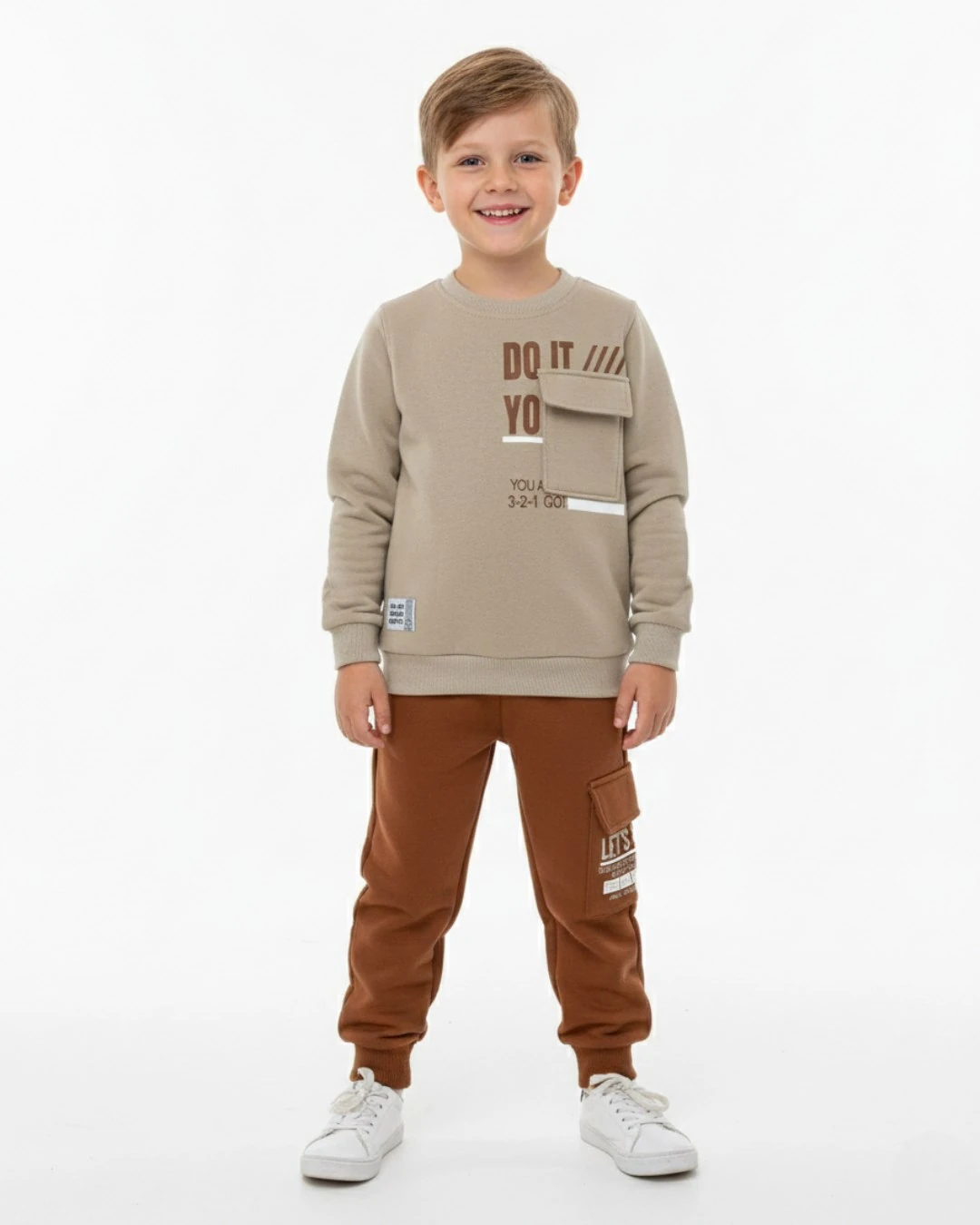 Erkek Çocuk Kışlık 3 İp Şardonlu 2-3-4-5-6-7-8-9-10 Yaş Eşofman Takımı, Kışlık Alt Üst Takım R2388 - KAHVERENGİ