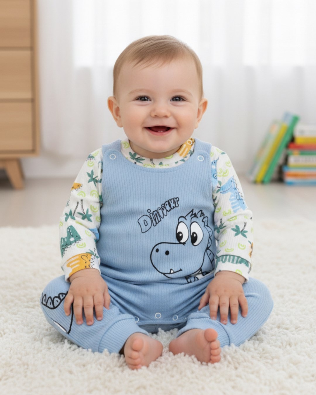 Erkek Bebek Dinazor Baskılı Fitilli Şirin Bahçıvan Salopet Tulum Ve İç Badili Takım R1107 - MAVİ