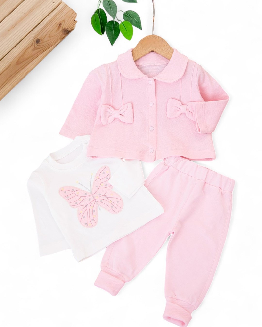 Kız Bebek Fiyonk Detaylı Ceketli 3 Parça Mevsimlik Şık Alt Üst Takım 0-12 Ay  R2219 - PEMBE