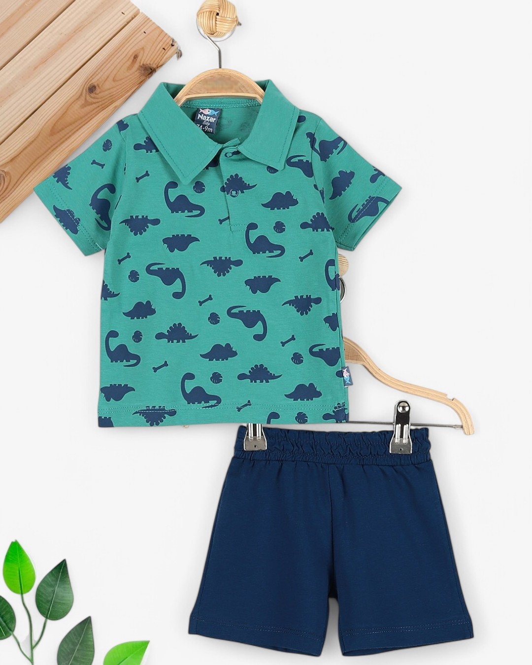 ERKEK BEBEK YAZLIK DİNAZOR BASKILI POLO YAKALI 6-9-12-18-24 AY BEBEK TAKIMI R1700 - YEŞİL
