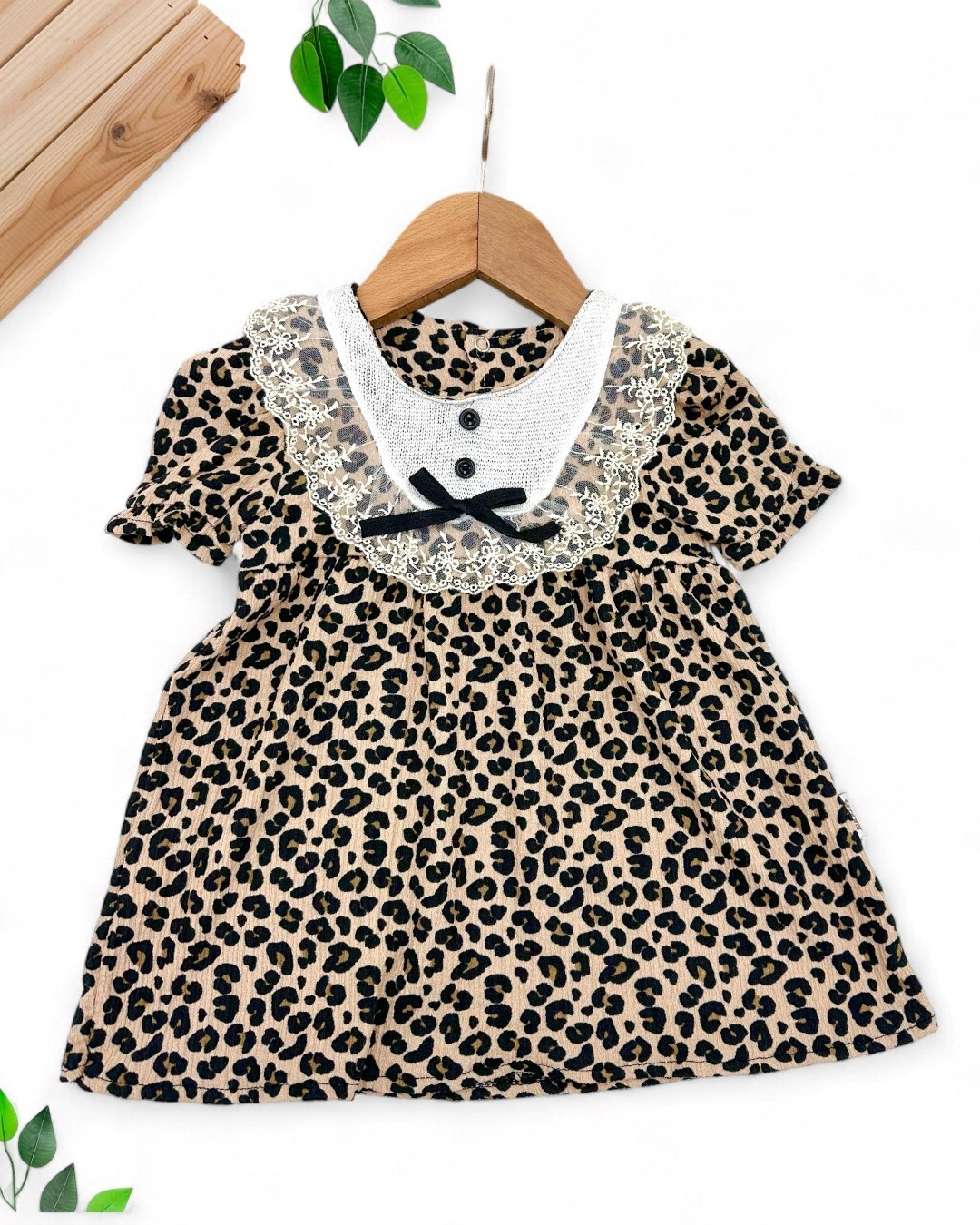 KIZ BEBEK 6-9-12-18-24 AY LEOPAR DESENLİ DANTEL YAKLI BÜRÜMCÜK KUMAŞ ŞIK BAYRAMLIK ELBİSE R1824