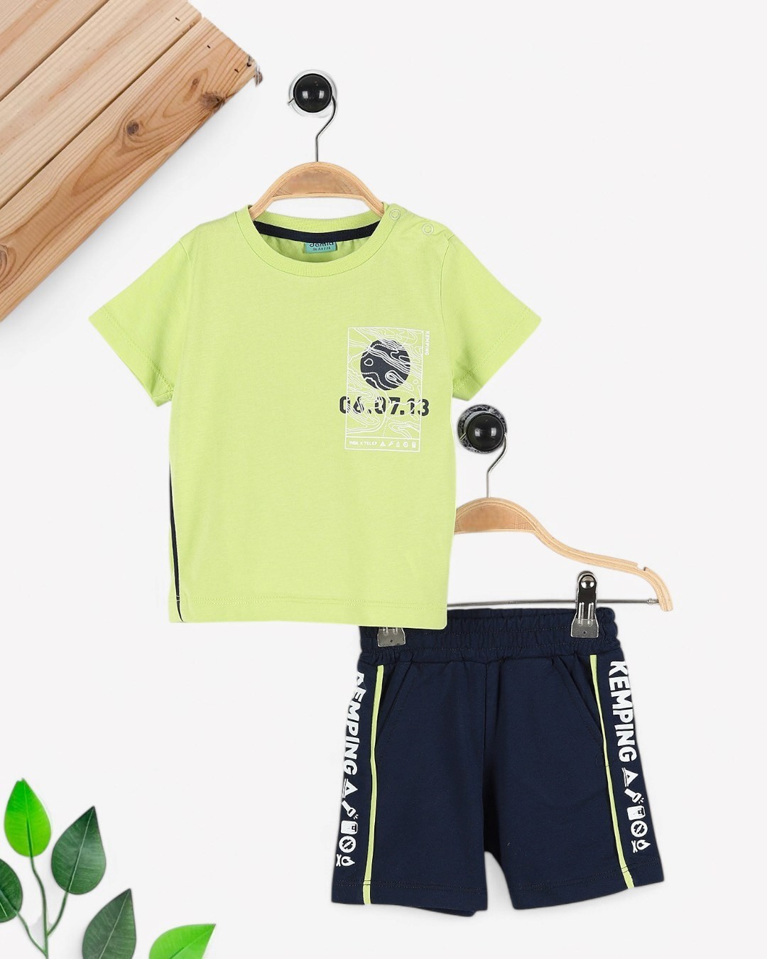 ERKEK BEBEK 3-9-12-18-24 AY SIRTI BASKILI YAZLIK ŞORTLU ALT ÜST TAKIM R1750 - FISTIK YEŞİLİ