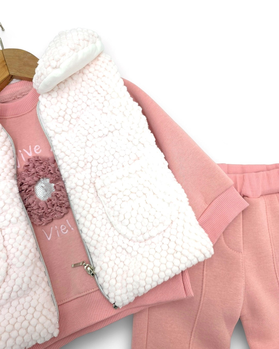 Kız Bebek Kışlık 3 İp Şardonlu Kalın Yelekli 6-9-12-18 Aylık 3 Parça Alt Üst Takım R2315