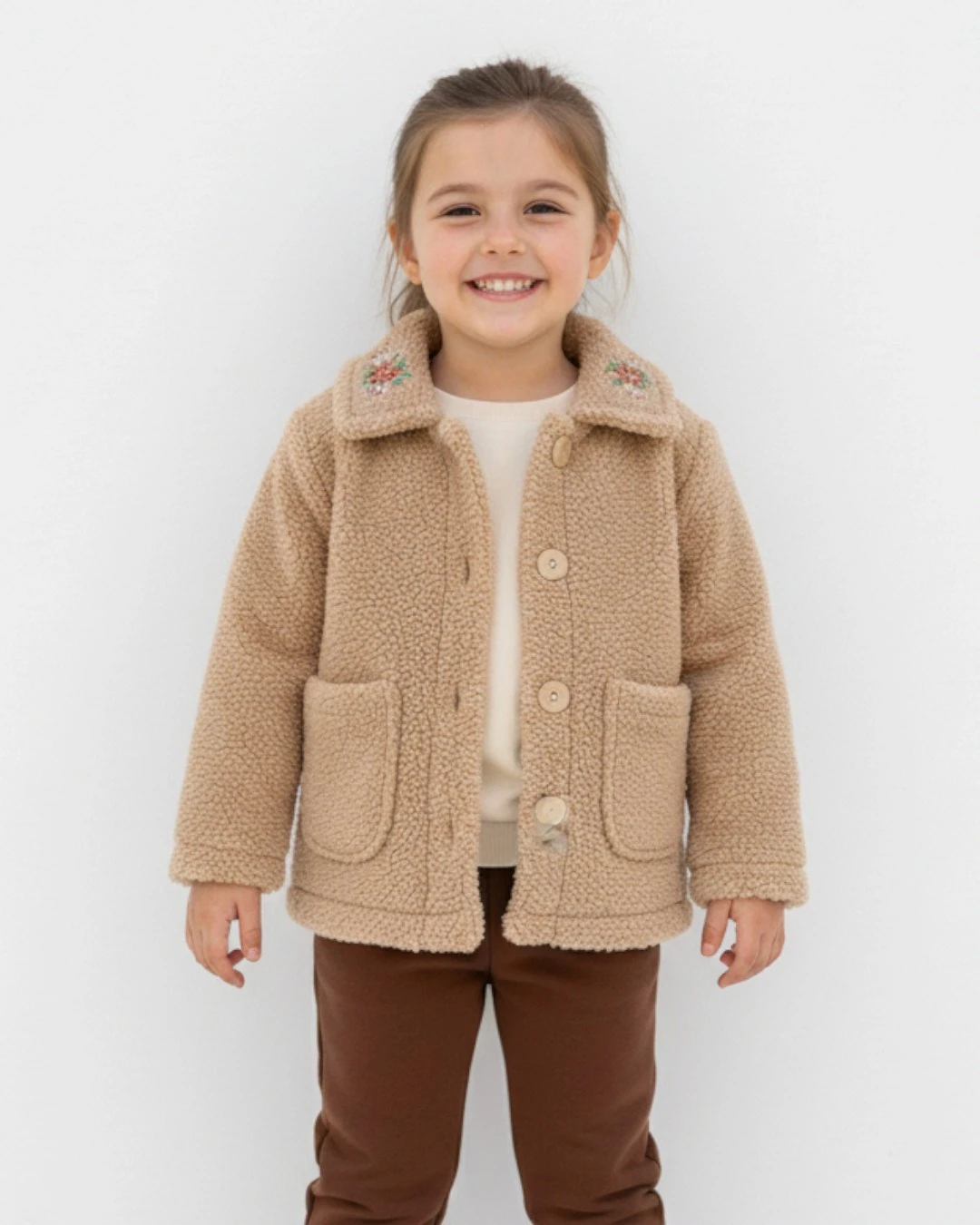Kız Çocuk Çiçek Nakışlı Yakalı 2-3-4-5-6-7 Yaş Düğmeli Kaban OT98
