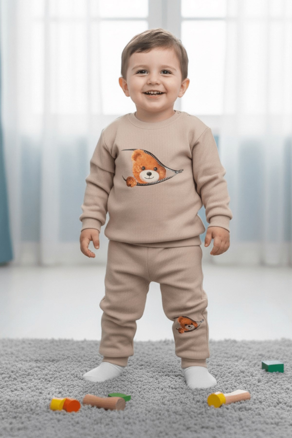 Ayıcıklı Fermuar Desenli Fitilli Pamuklu Erkek Bebek Takımı | Bebek Eşofman Pijama Alt Üst Takım R2208 - BEJ