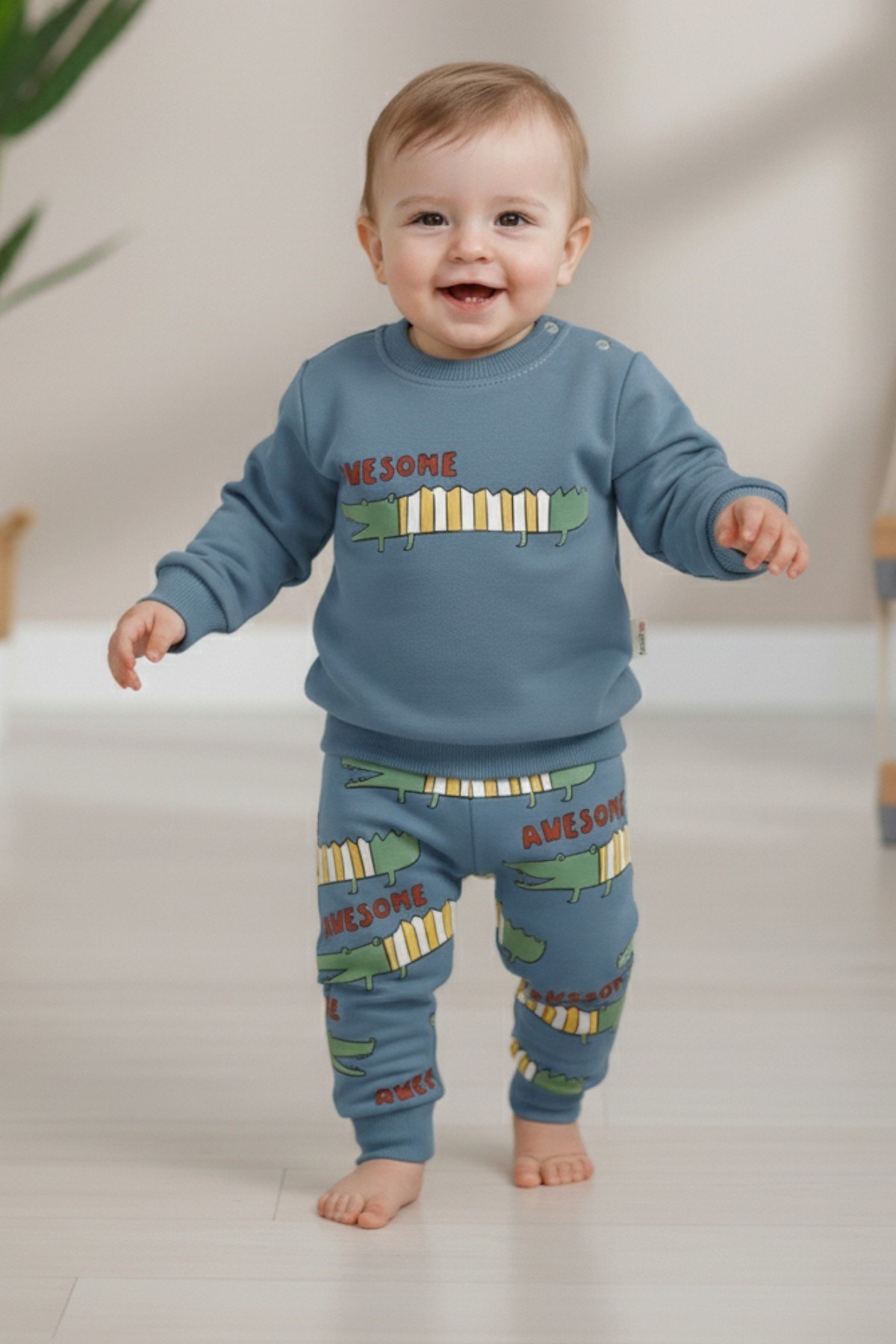 Erkek Bebek Timsah Baskılı %100 Pamuklu Mevsimlik 6-9-12-18-24 Aylık 2 İplik Bebek Takımı R1084 - İndigo