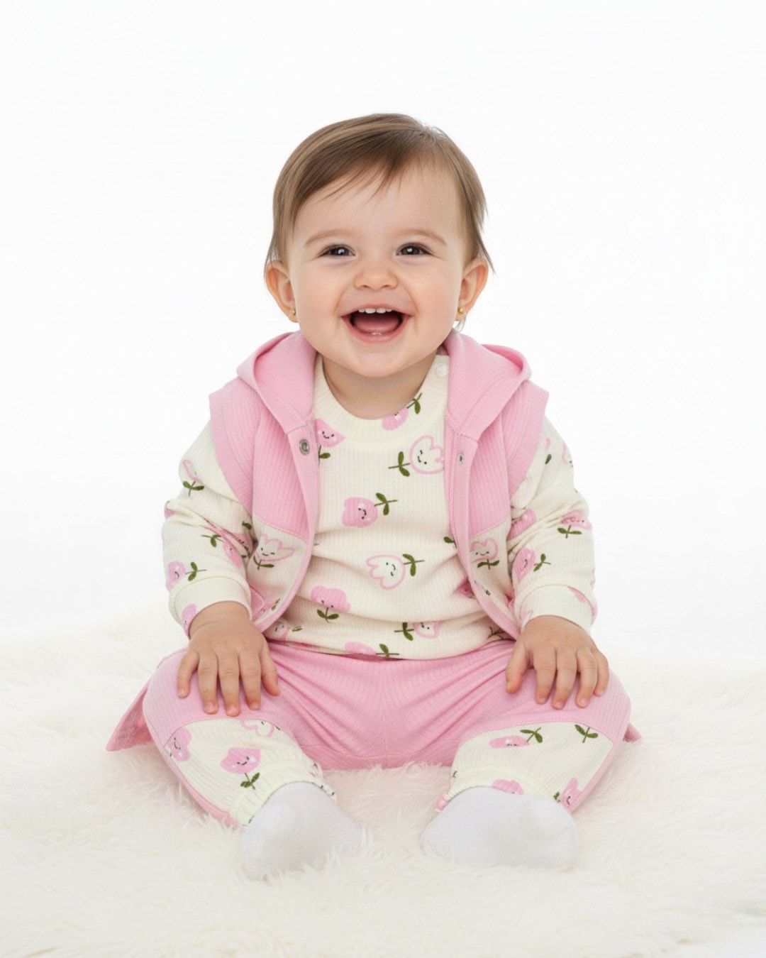 Kız Bebek Fitilli LaLe Baskılı Yelekli 3 Parça Şirin 6-12 Ay Bebek Takımı R2175 - PEMBE