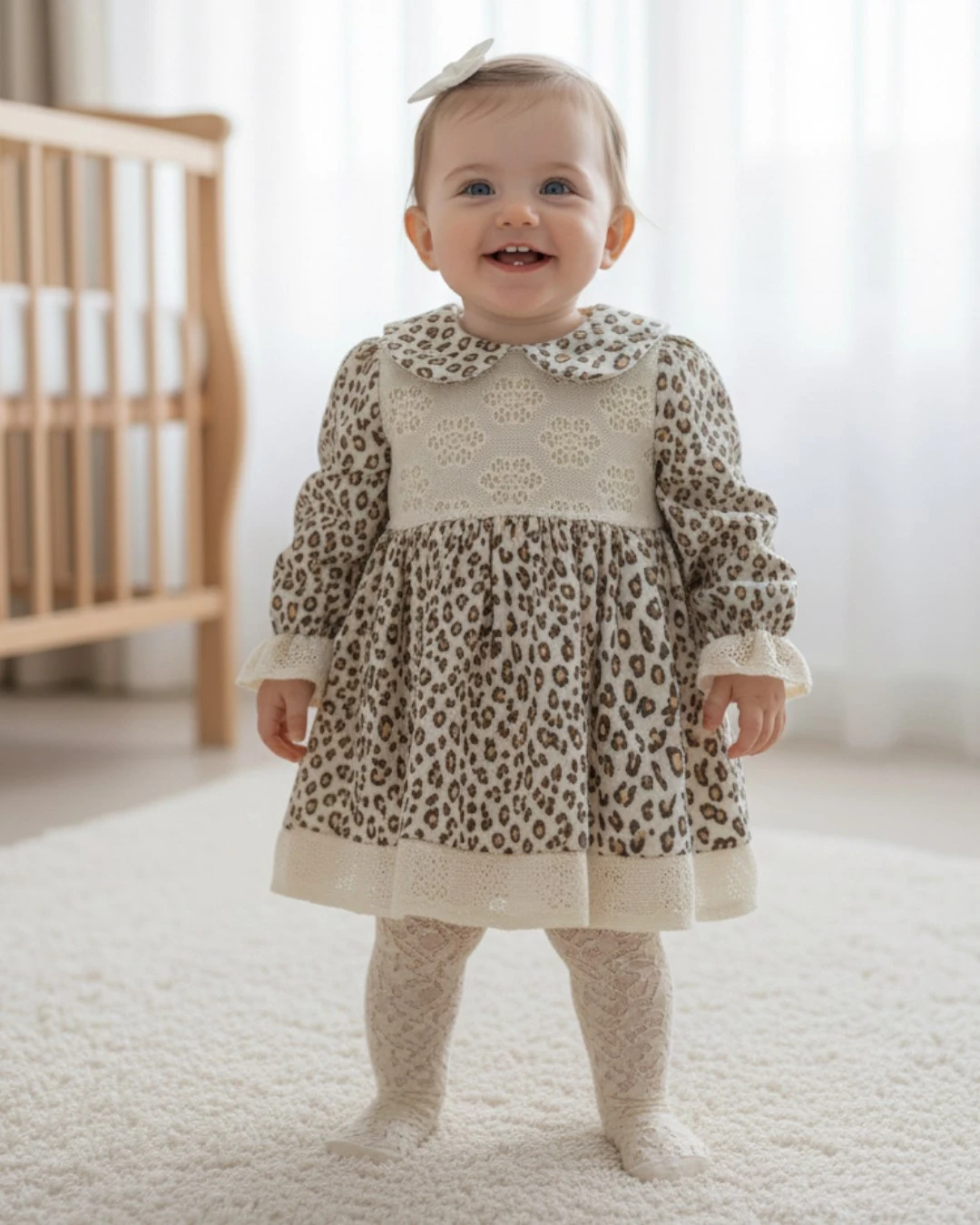 Kız Bebek Dantel Detaylı Leopar Elbise, Müslin Kumaş, 6-9-12-18-24 Ay Özel Gün Elbisesi l Bayramlık R2346