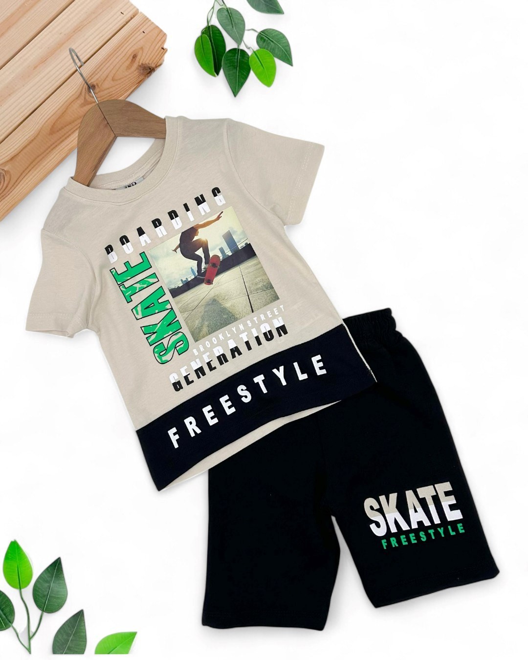 ERKEK ÇOCUK SKATE BASKILI 2-3-4-5 YAŞ YAZLIK ŞORTLU KISA KOLLU ALT ÜST TAKIM OT41 - KREM