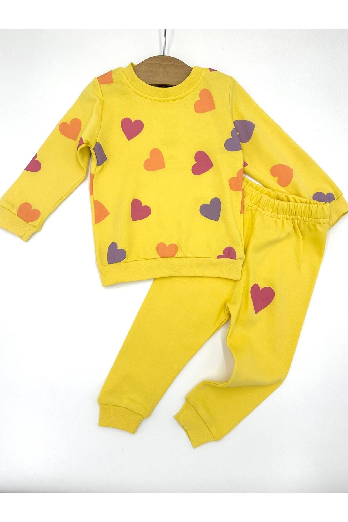 KIZ BEBEK MEVSİMLİK KALP BASKILI BEBEK TAKIMI, UZUN KOLLU , BİSİKLET YAKA MEVSİMLİK 6-24 AY R963 - SARI