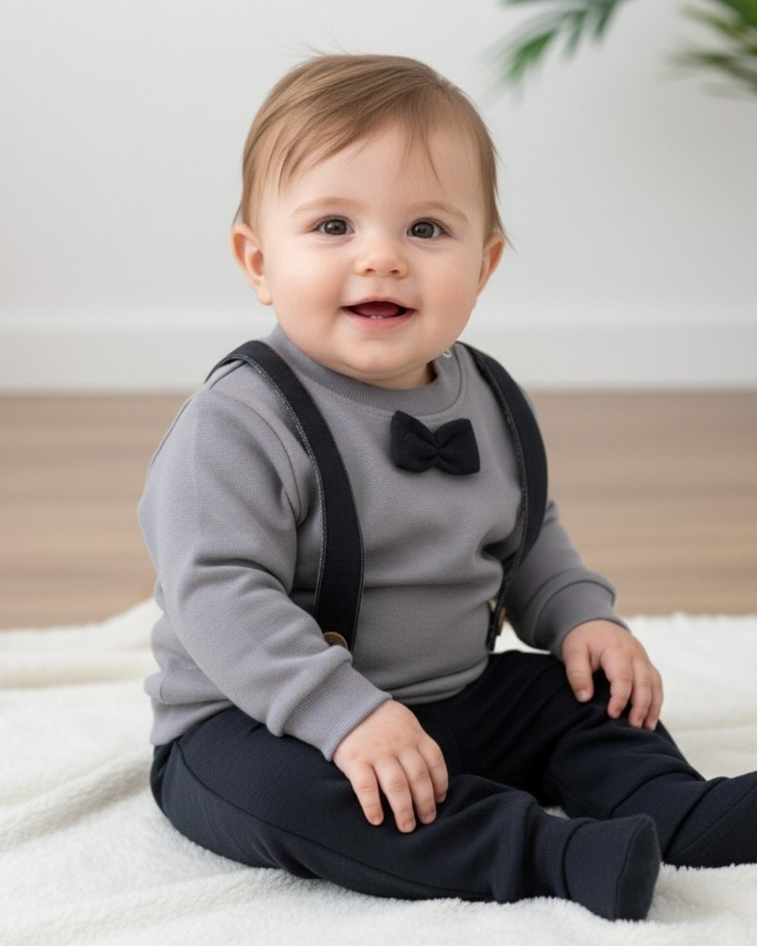 Erkek Bebek Papyonlu Kendinden Askılıklı Bodyli 2 İplik Mevsimlik Şık Bebek Takımı 3-6-9-12 AY R1378 - GRİ