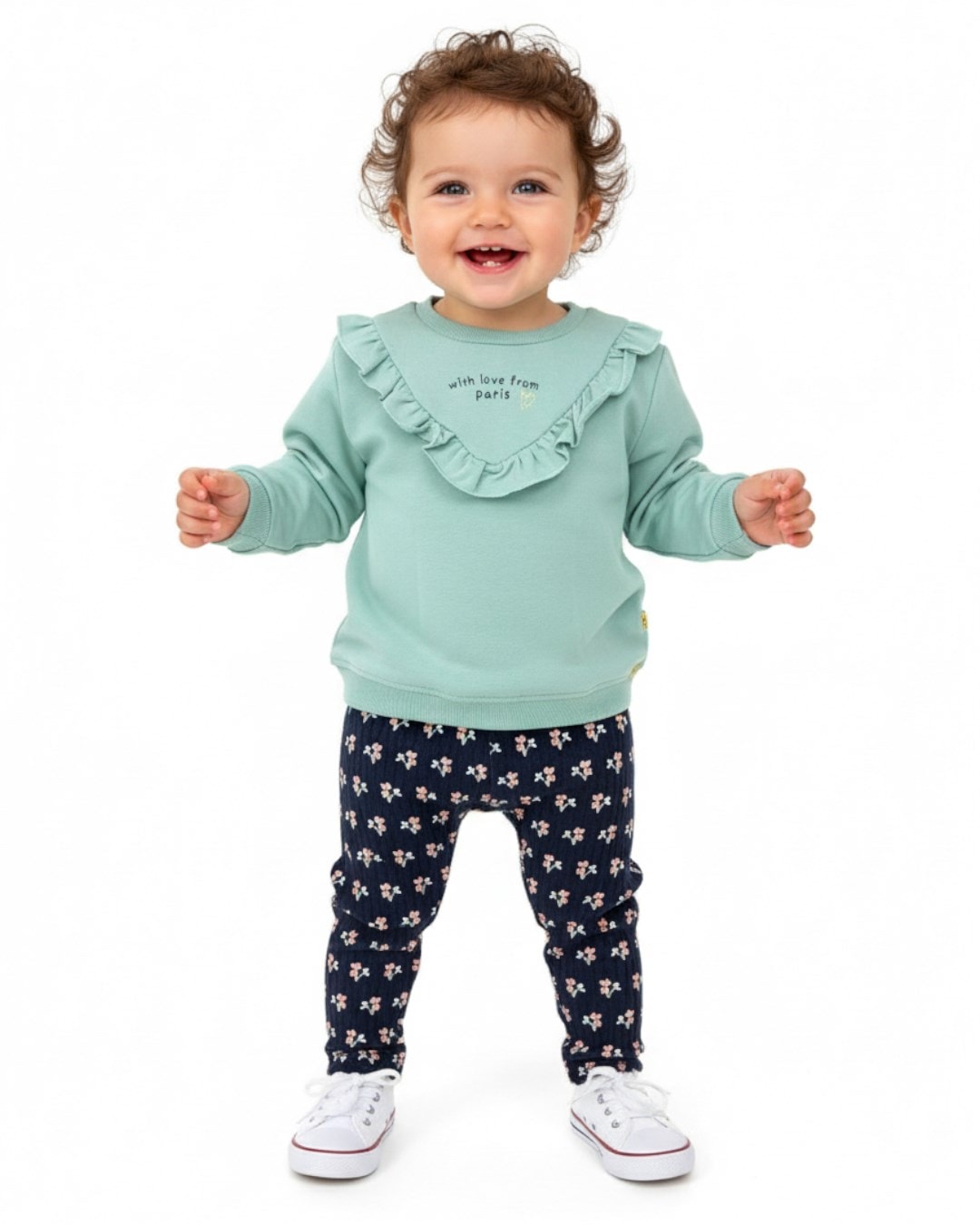 Kız Bebek 6-9-12-18-24 Aylık Taytlı, Fırfır Detaylı Alt Üst Şık Takım R2322 - MİNT YEŞİLİ