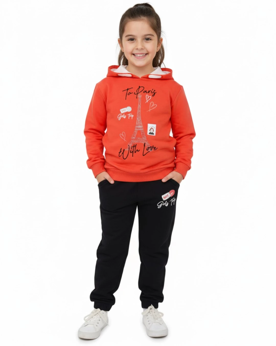 Kız Çocuk 6-7-8-9-10 Yaş Mevsimlik Kapüşonlu Paris Baskılı Alt Üst Eşofan Takım R2328 - NAR ÇİÇEĞİ