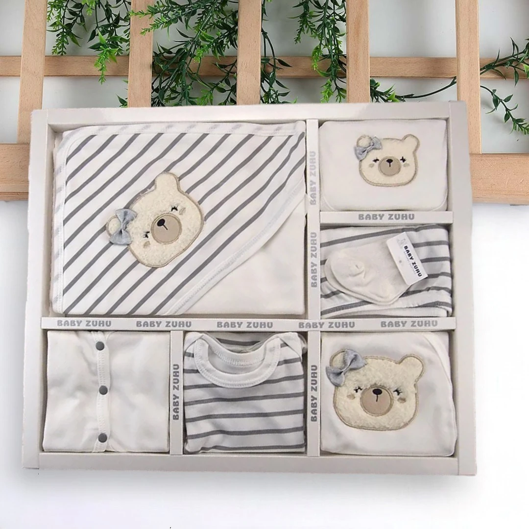 Kız Bebek Ayı Nakışlı 11 Parça Hastane Çıkışı Zıbın Seti R921 - GRİ