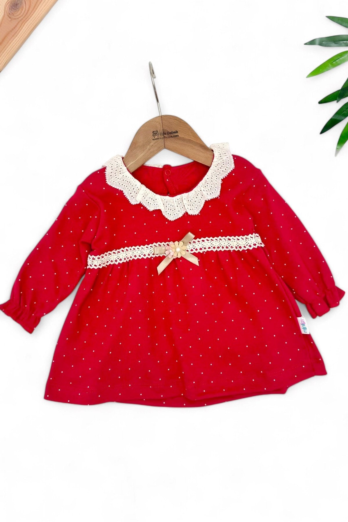 Kız Bebek 6-9-12-18-24-36 Ay, Dantel Detaylı Kırmızı Puantiyeli Elbise, %100 Pamuklu, Mevsimlik  R1457