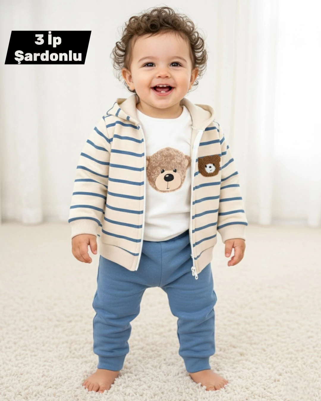 Erkek Bebek Çizgili Ayıcıklı , Kışlık 3 İp Şardonlu Ceket ve Altlı, İnce Badili, 6-24 Ay 3'lü R2299 - MAVİ
