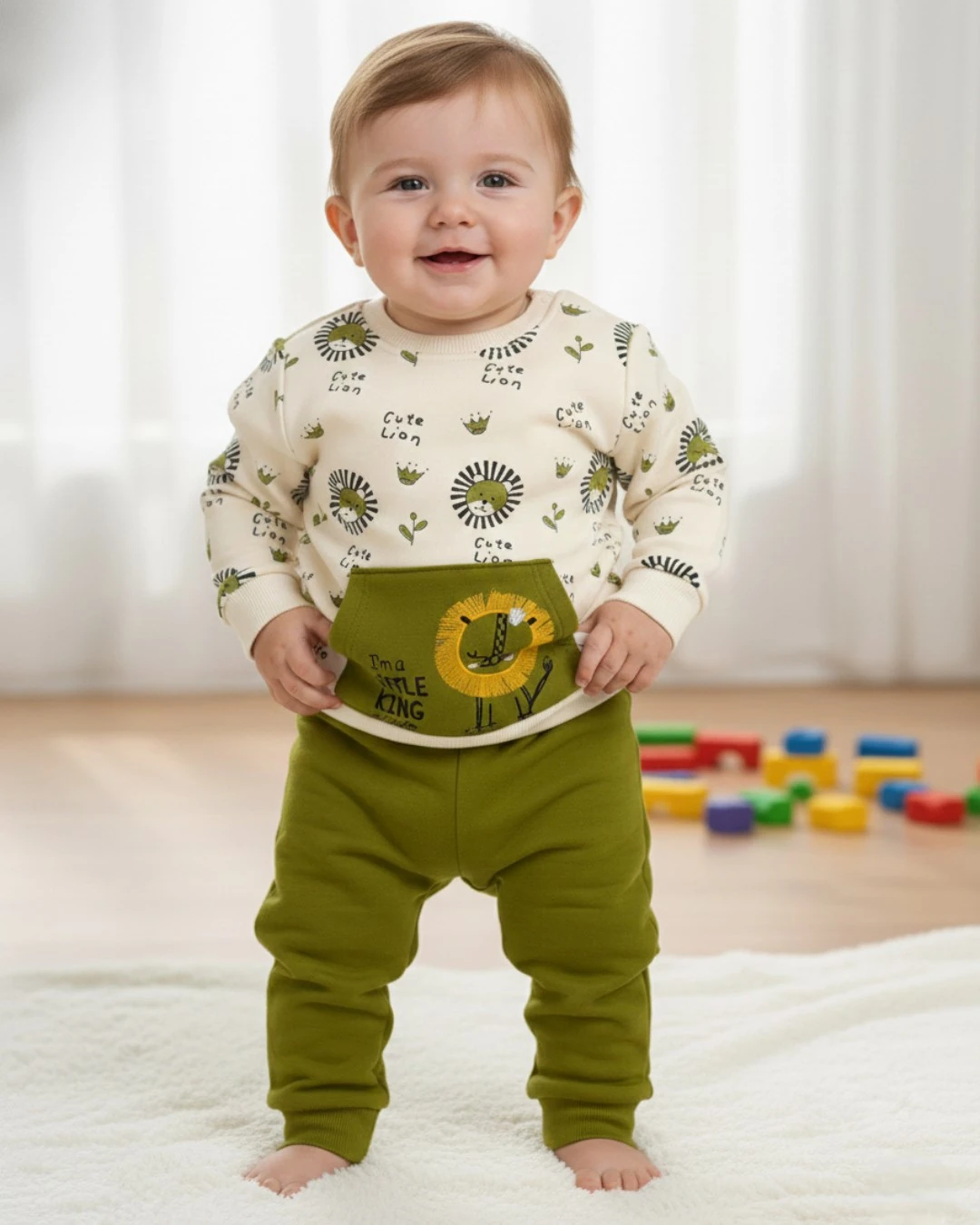 Erkek Bebek Aslan Nakışlı Kışlık 3 İp Şardonlu 6-9-12-18-24 Ay Alt Üst Bebek Takımı R2394 - HAKİ