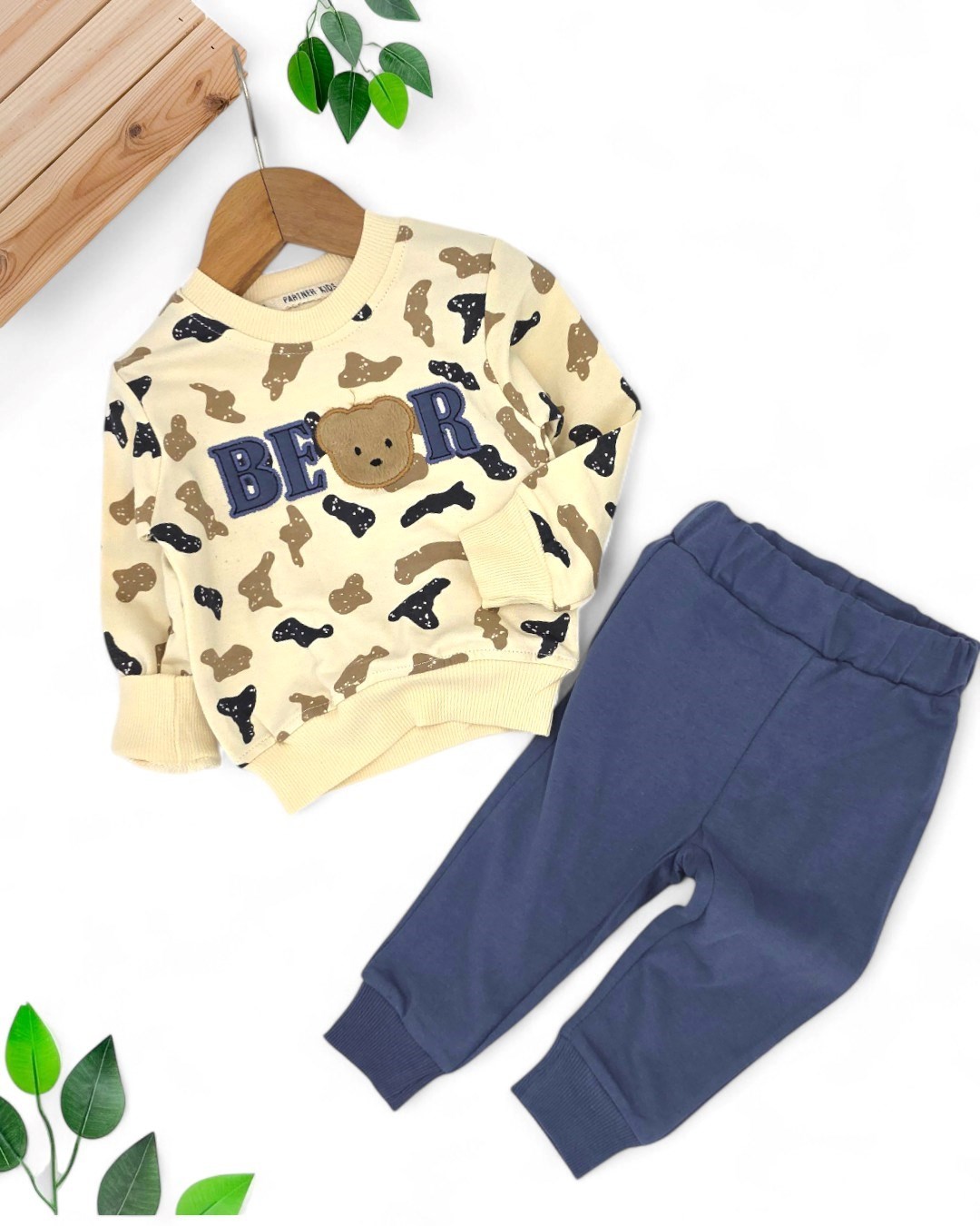 Erkek Bebek Bear Nakışlı Mevsimlik 2’li Takım - Uzun Kollu Sweatshirt ve Pantolon 6-24 Ay R1980 - MAVİ