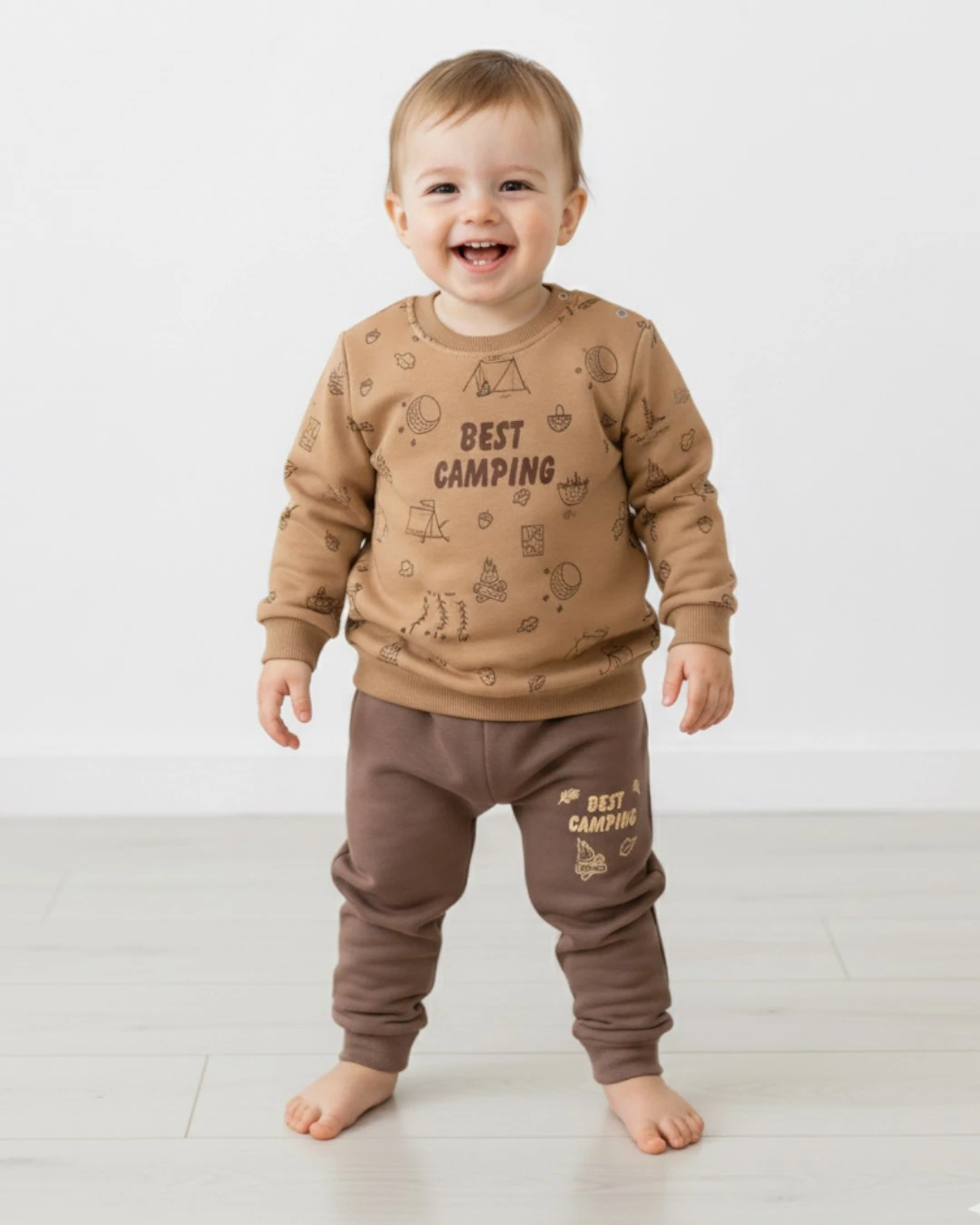 Erkek Bebek  6-9-12-18-24 Ay Kışlık 3 İP Şardonlu Baskılı Alt Üst Şık Eşofman Takımı R2277 - KOYU KAHVERENGİ