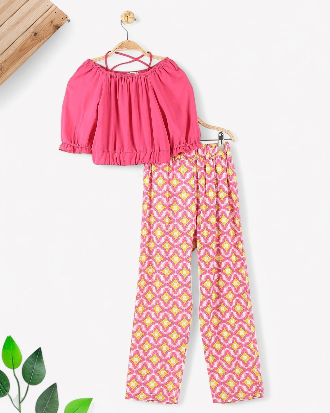 KIZ ÇOCUK YAZLIK ETNİK DESEN PANTALONLU 6-7-8-9-10 YAŞ BOL PAÇALI ŞIK TAKIM R1717 - FUŞYA