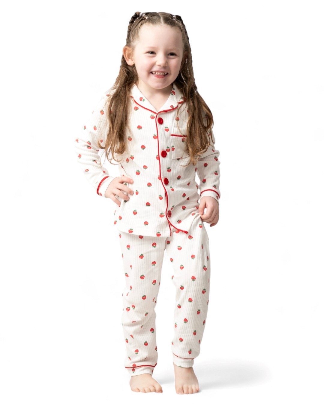 Kız Çocuk Çilek  Baskılı ruvaze Yakalı, Düğmeli Mevsimlik Gecelik Pijama Takımı 0-6 Yaş R2186