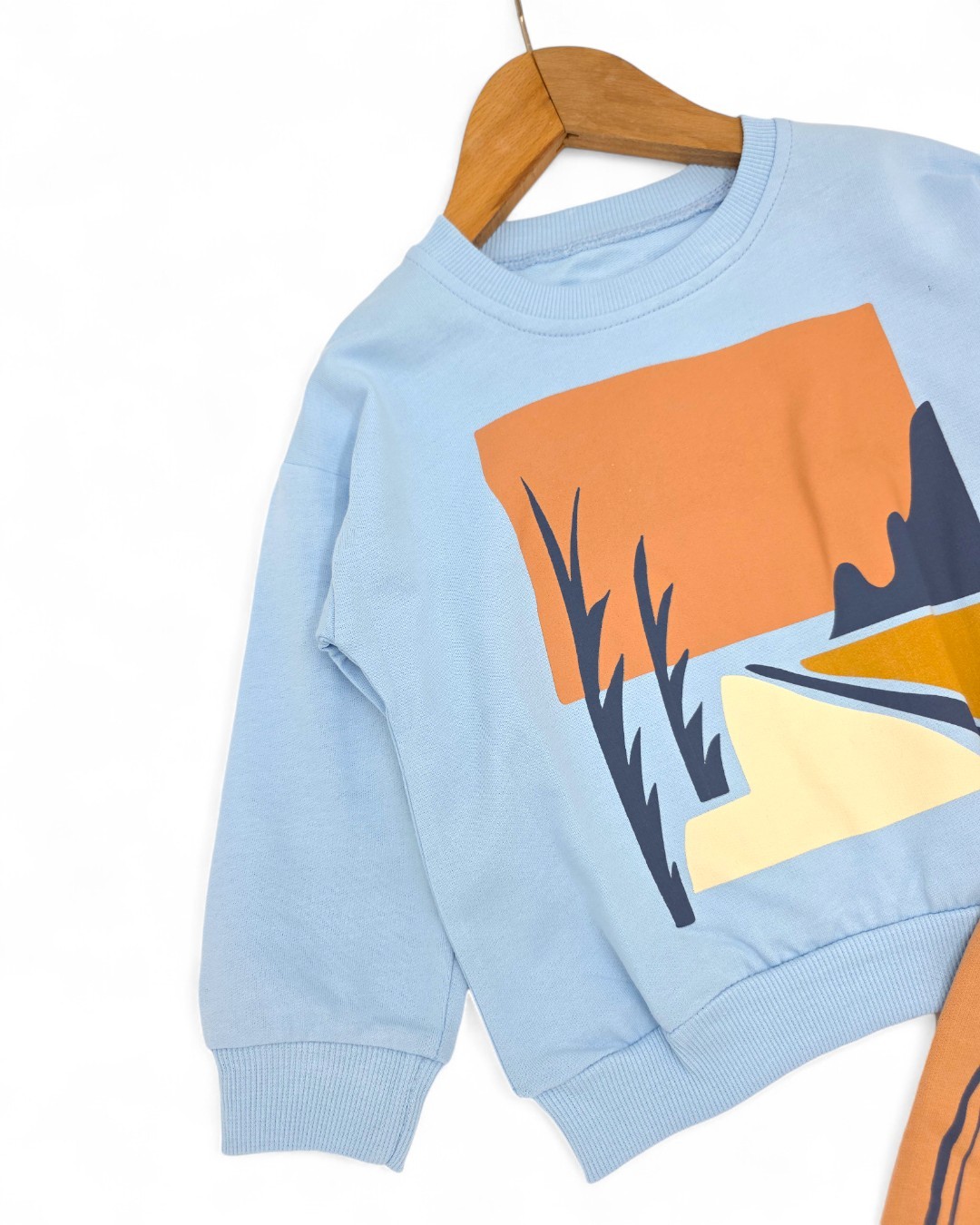 Erkek Çocuk Manzara Baskılı Sweatshirt, Çizgili Pantalonlu Özgün Tasarım Alt Üst Eşofman Takımı R2083