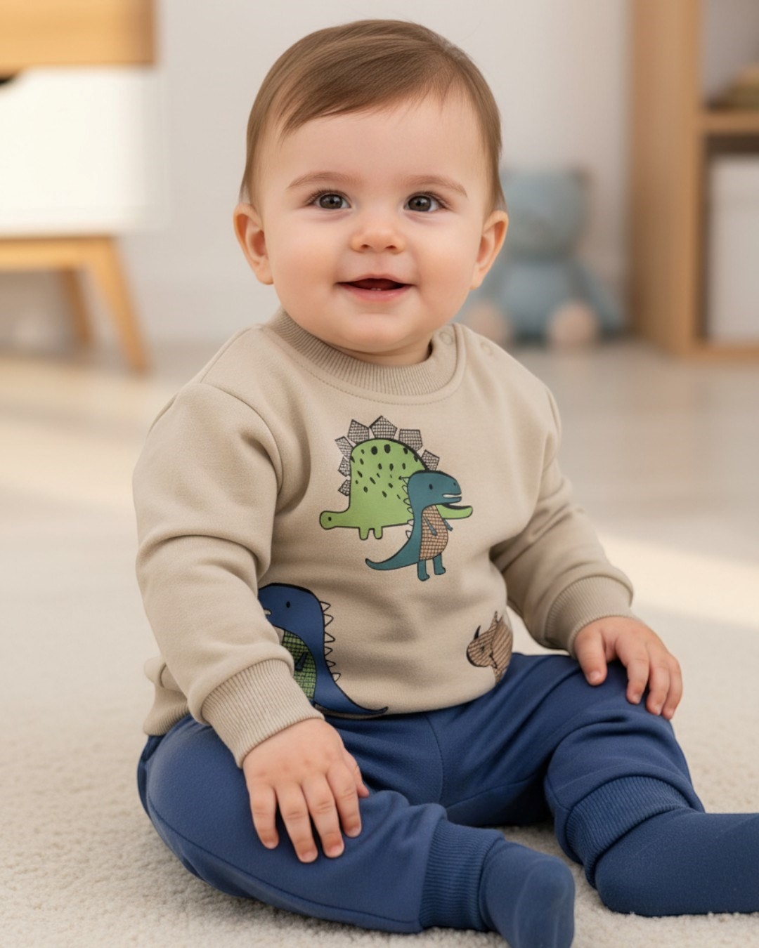 Erkek Bebek Dinazor Baskılı Mevsimlik 3-6-9-12-18 Ay Alt Üst Bebek Takımı R1490