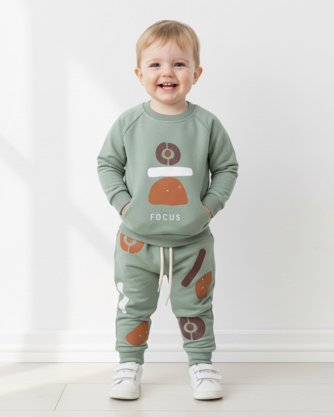 Erkek Bebek Mevsimlik Focus Baskılı Sweatshirt ve Altlı 6-9-12-18-24 Ay Şık Bebek Takımı R2113 - YEŞİL