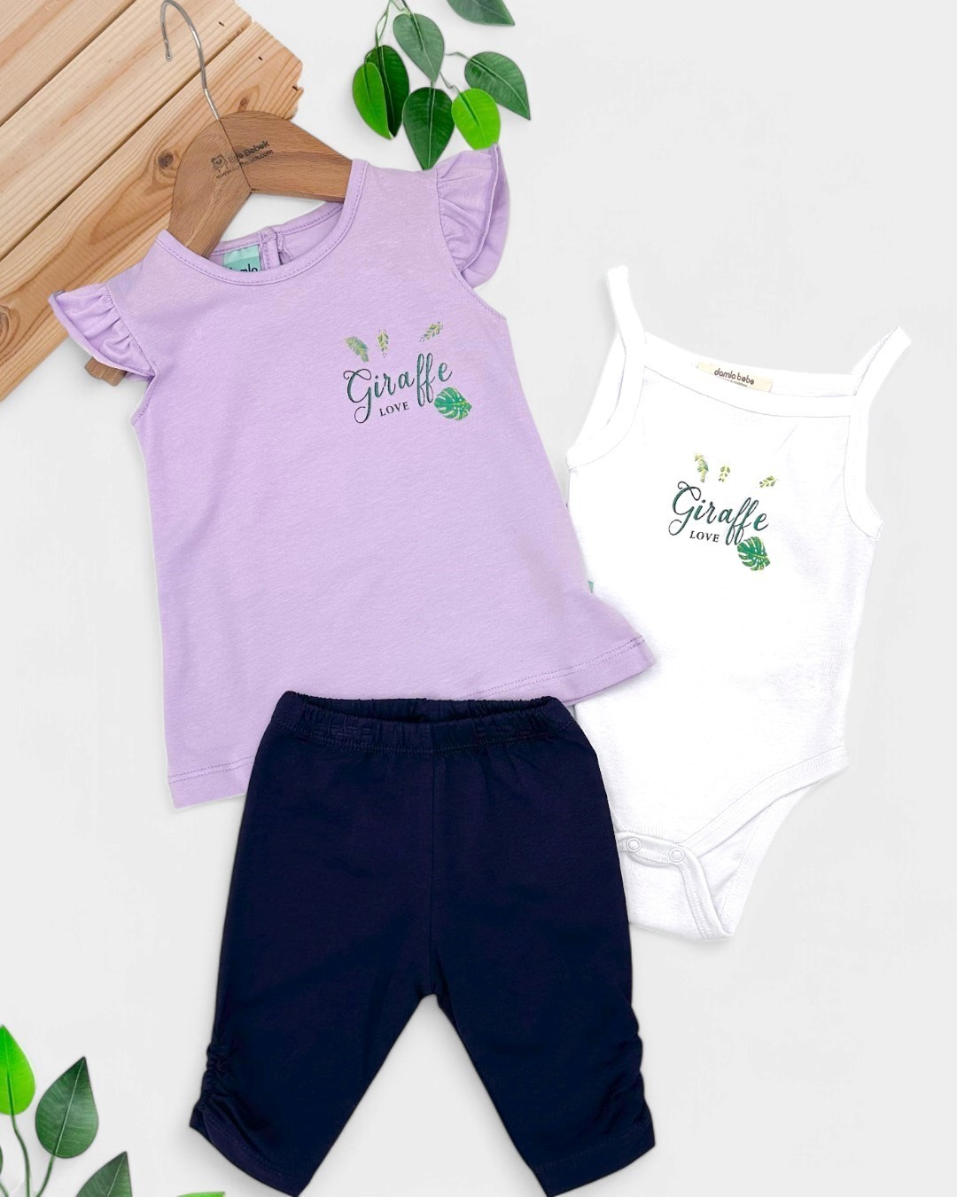 KIZ BEBEK YAZLIK 3-6-12-18-24 AY SIRTI ZÜREFA BASKILI ÇITÇITLI BODY'Lİ 3 PARÇA ALT ÜST TAKIM R1745 - LİLA