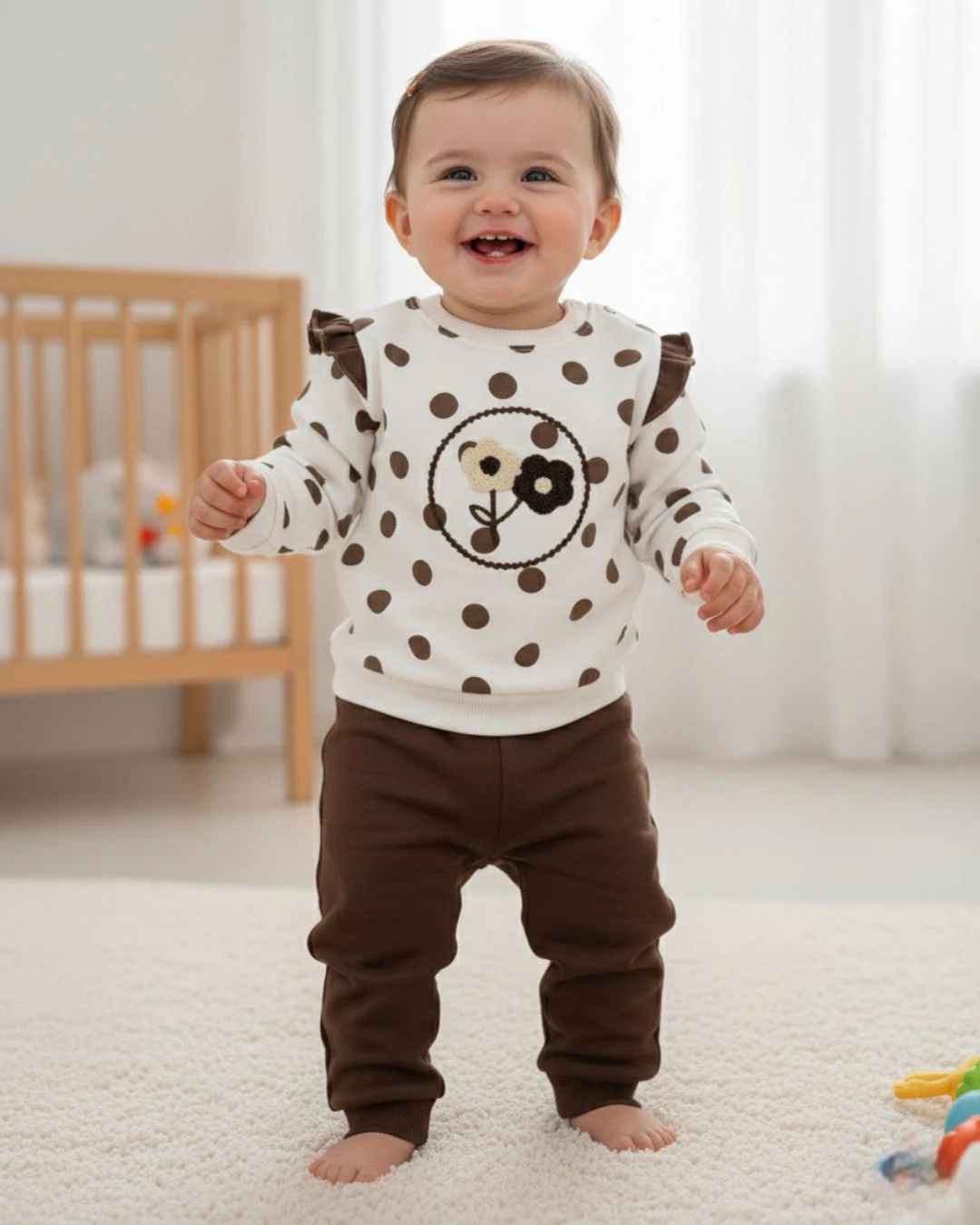 Kız Bebek Puantiyeli Nakışlı, Kışlık 3 İp Şardonlu 6-9-12-18-24 Aylık Alt Üst Bebek Takımı R2392 - KAHVE