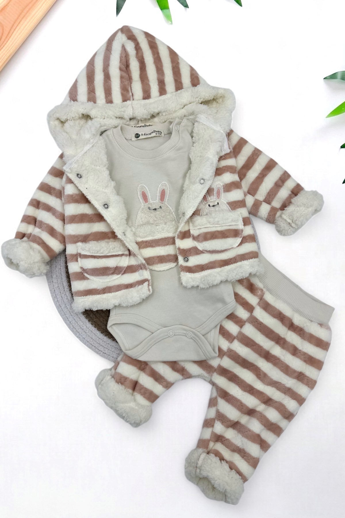 KIZ BEBEK KIŞLIK WELSOFT  3'LÜ KAPÜŞONLU PELUŞ 3'LÜ TAKIM 0-3-6-9 AY R1205 - PUDRA